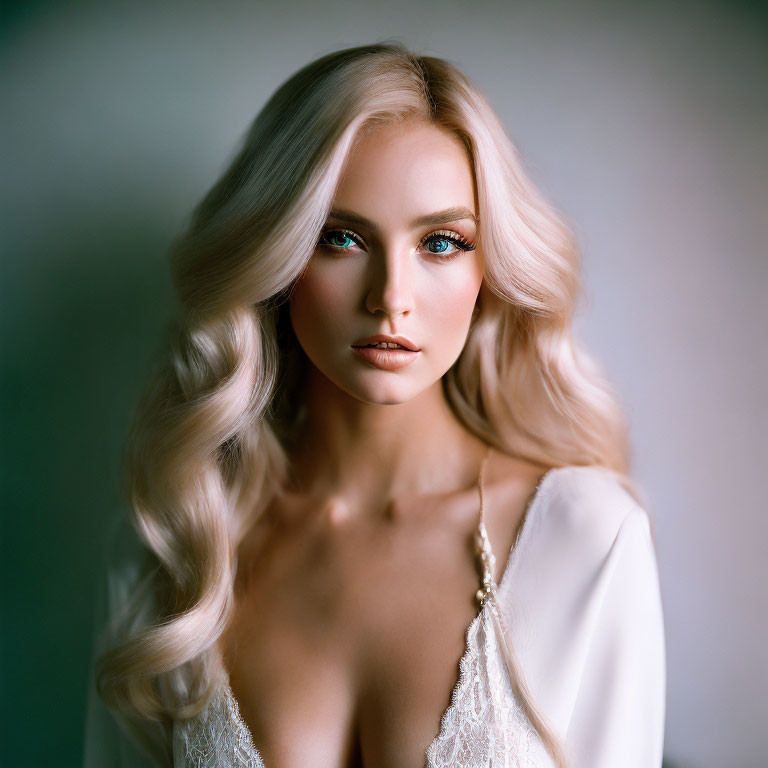 Portrait of woman with flowing blonde hair, striking blue eyes, fair skin, white dress.