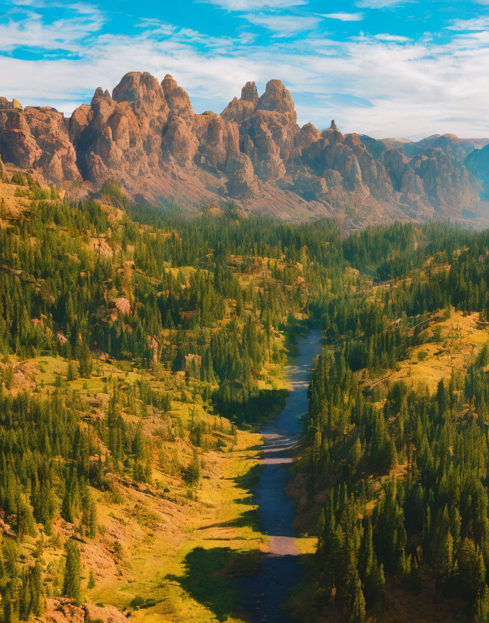 Scenic valley with lush forest, river, and mountains under blue sky