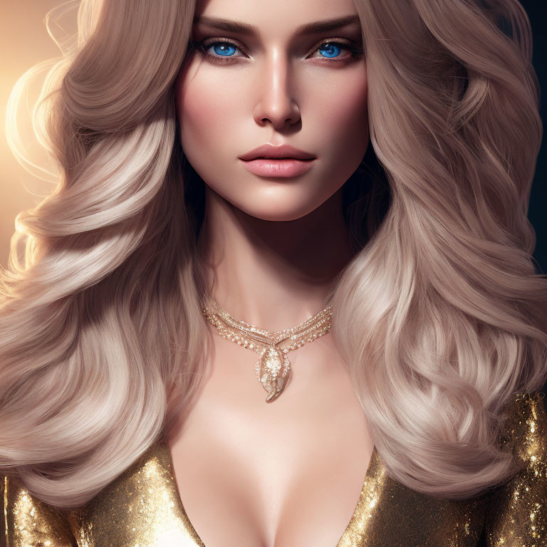 Blonde woman with blue eyes in gold dress and necklace