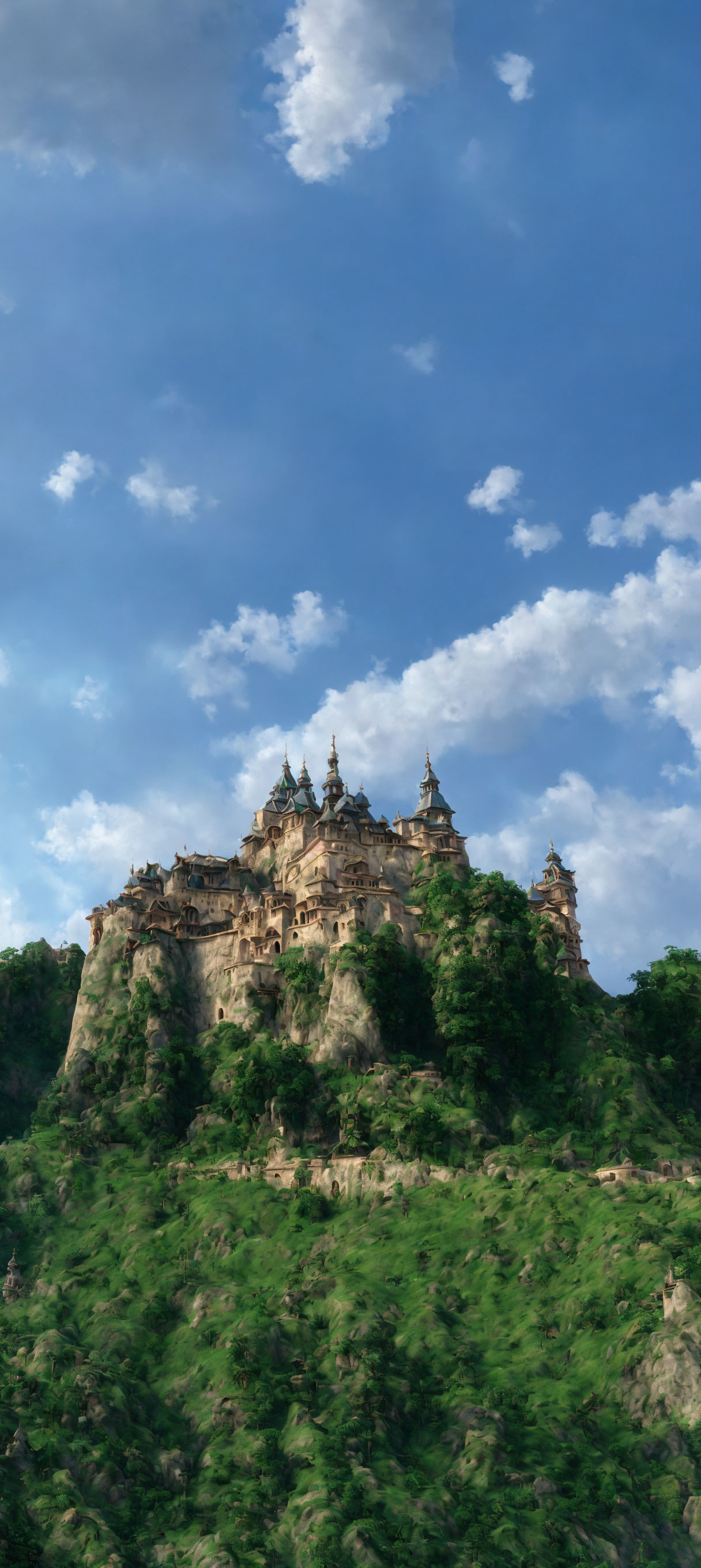 Ancient castle on lush green hill under blue sky.