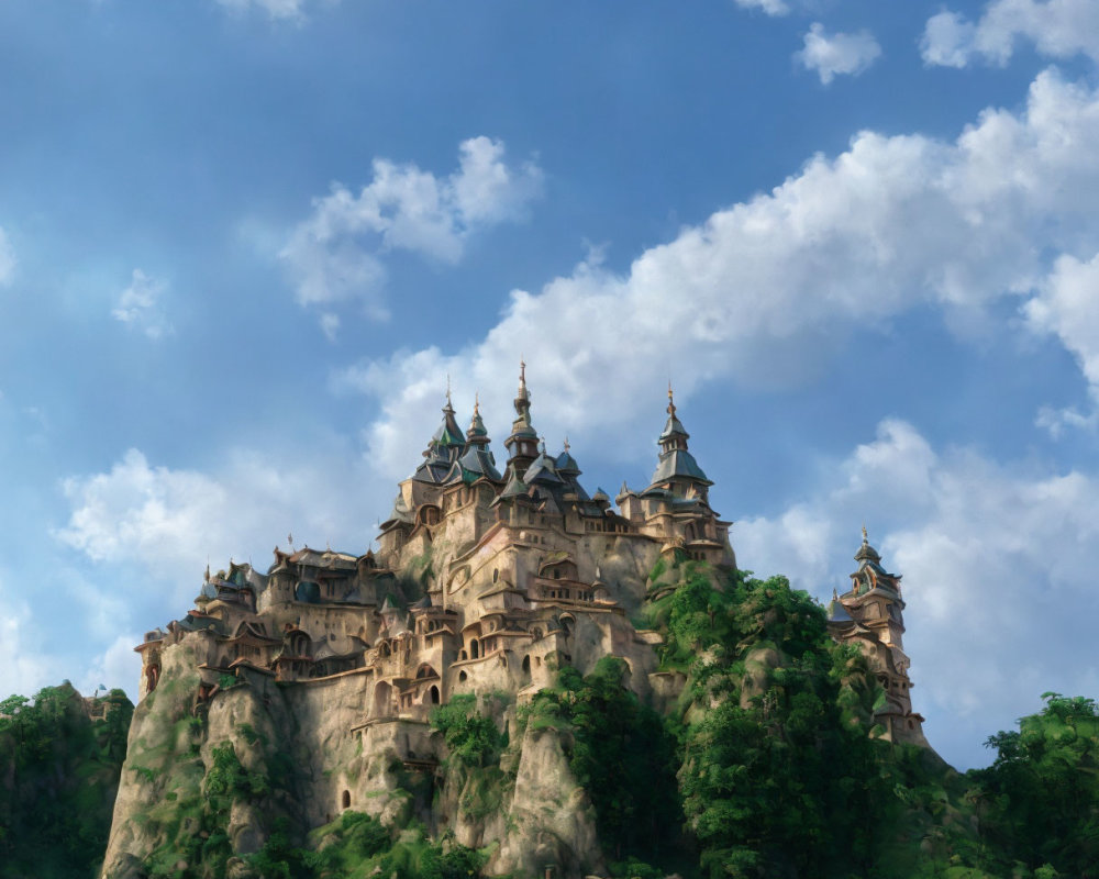 Ancient castle on lush green hill under blue sky.