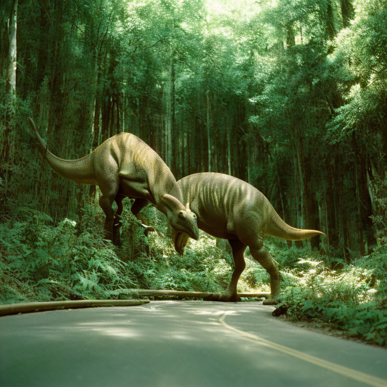 Dinosaurs head-butting in lush forest setting