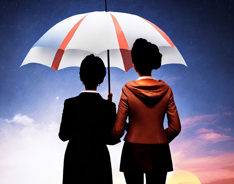 Silhouetted individuals under umbrella against dramatic sky