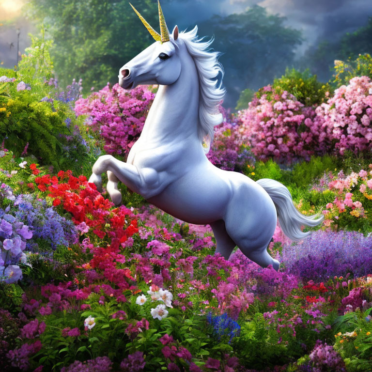 White unicorn with golden horn in colorful flower garden