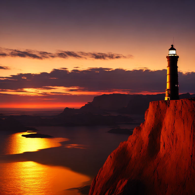 Lighthouse on Steep Cliff at Sunset Over Calm Sea