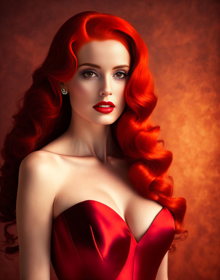 Red-haired woman in elegant gown against warm backdrop