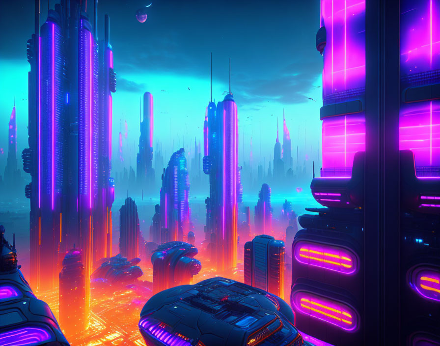 Futuristic neon-lit cityscape with glowing skyscrapers