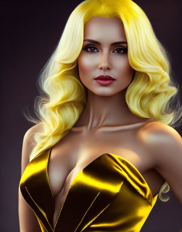 Blonde woman in golden satin dress on dark background