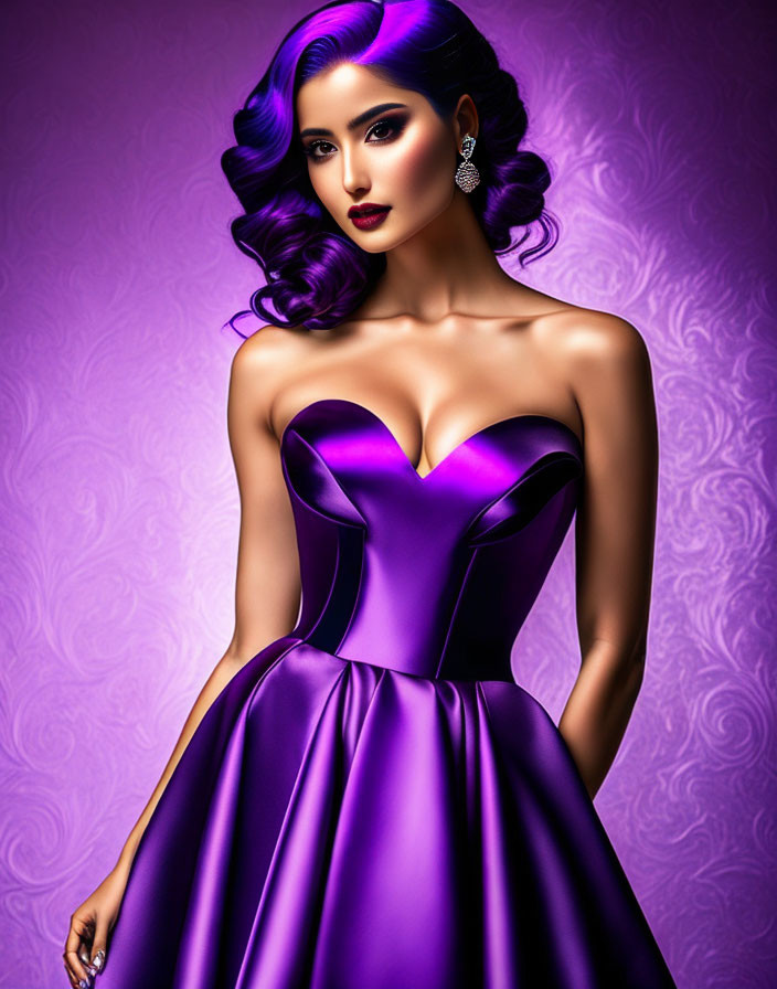 Vibrant purple hair woman in elegant dress and silver earrings