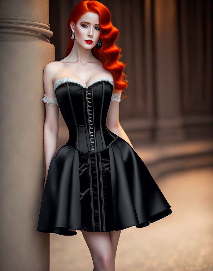 Illustration of female figure with red hair in black dress against architectural backdrop