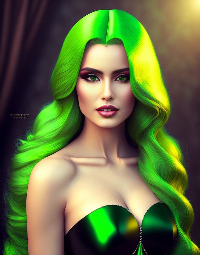 Vibrant green and yellow hair on a woman with striking green eyes and glossy lips