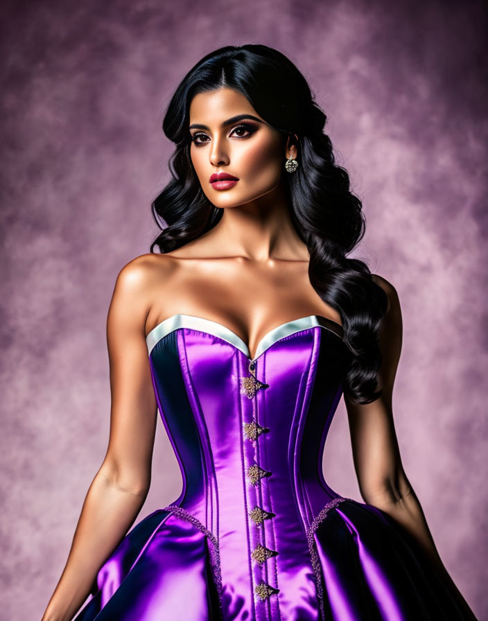 Dark-Haired Woman in Purple Corset Dress on Mauve Background