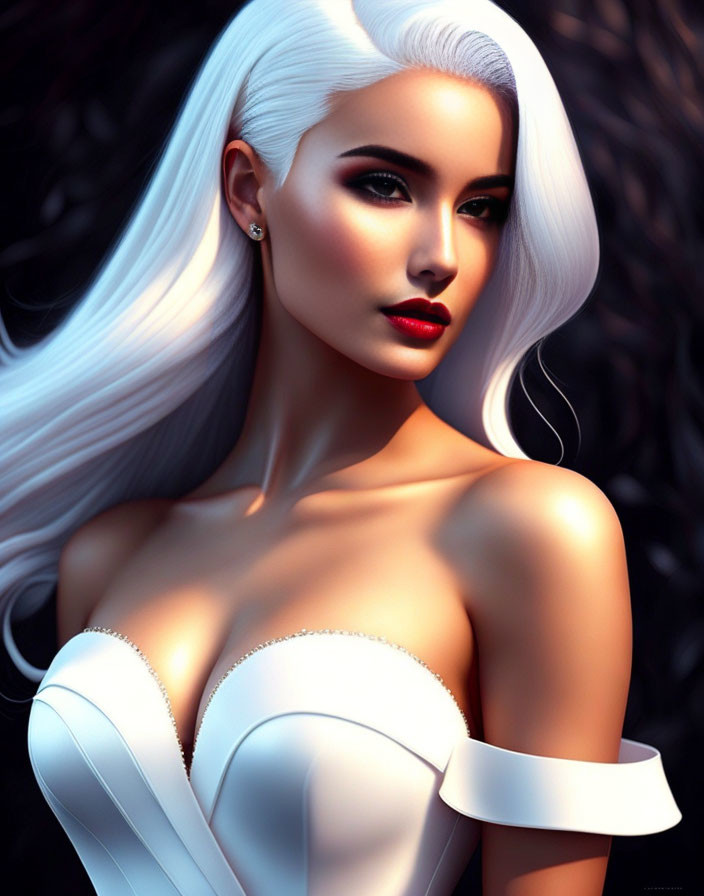 Digital Artwork of Woman with White Hair and Red Lips in Off-Shoulder Dress