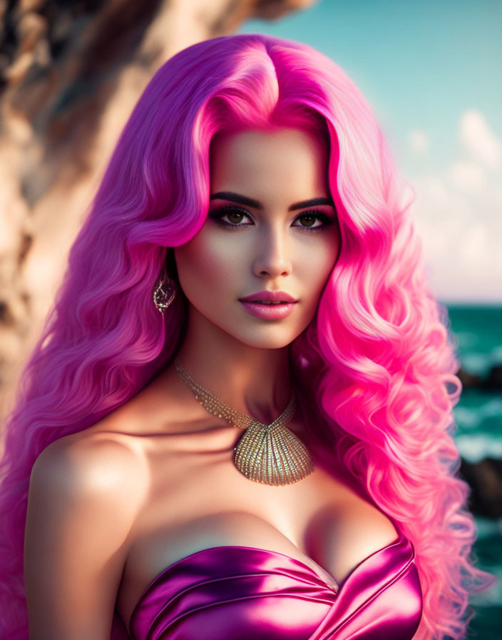 Vibrant pink-haired woman in glamorous makeup by the sea in a shiny pink dress and gold jewelry