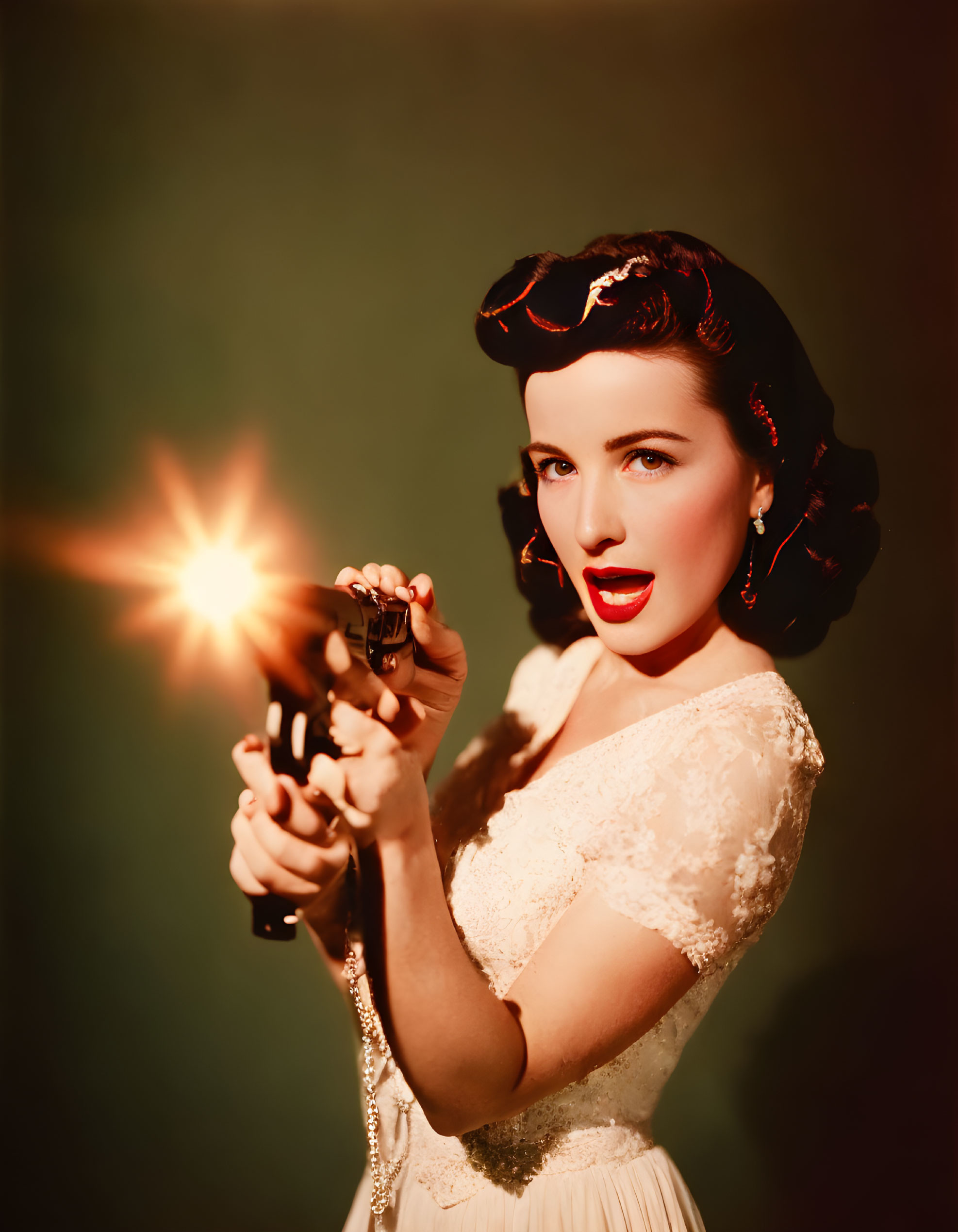 Vintage-dressed woman firing gun on gradient backdrop