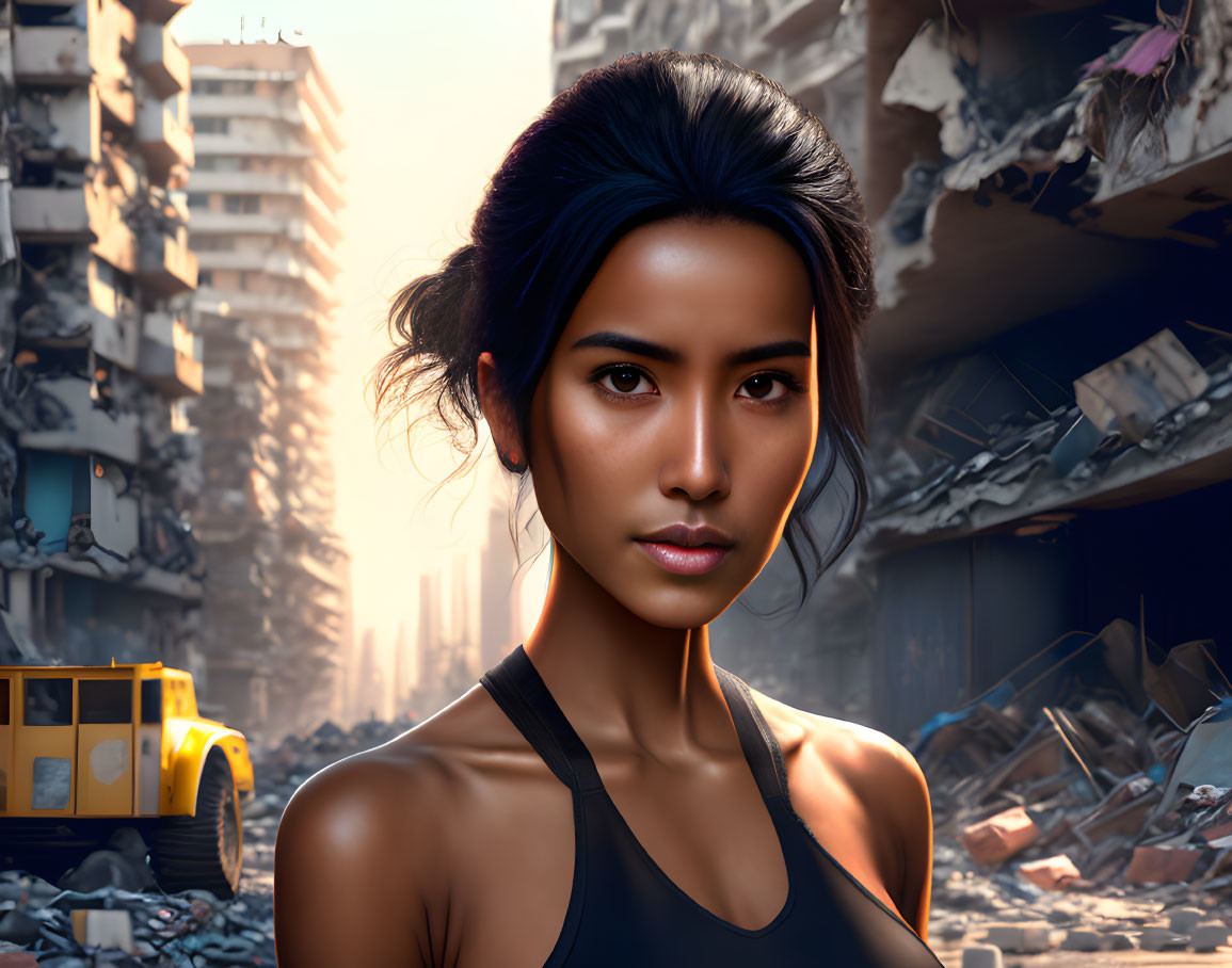 Determined woman in urban devastation scene with rubble and yellow vehicle