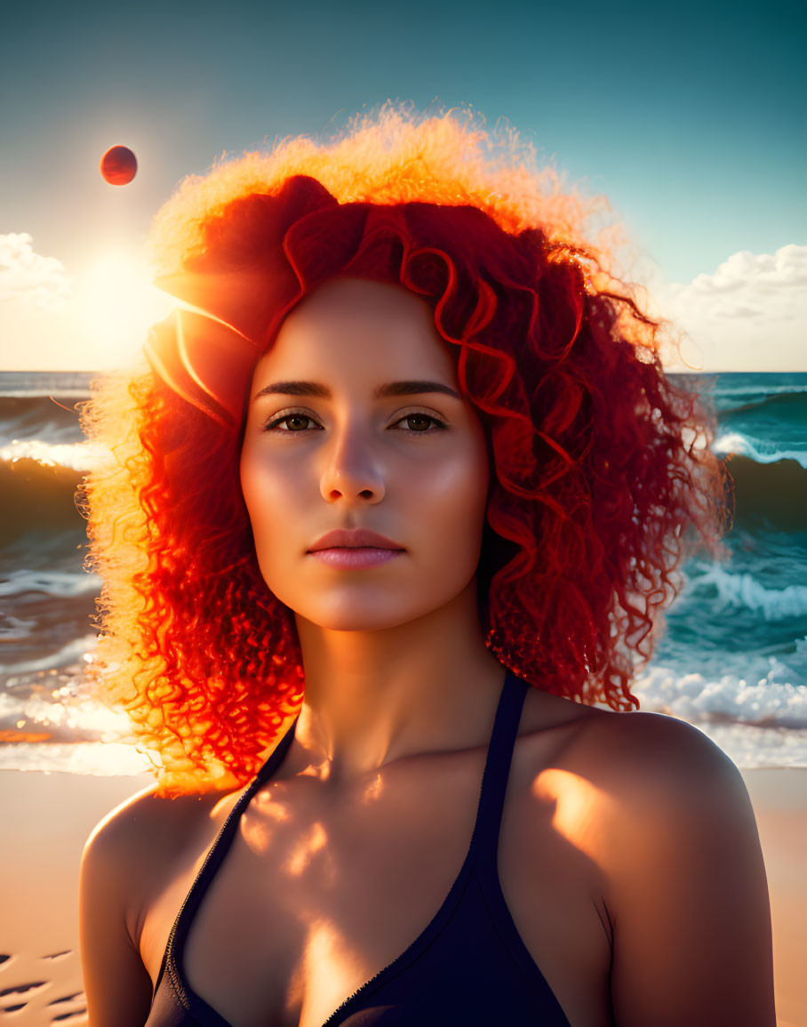 Curly Red-Haired Woman in Blue Swimsuit on Beach at Sunset