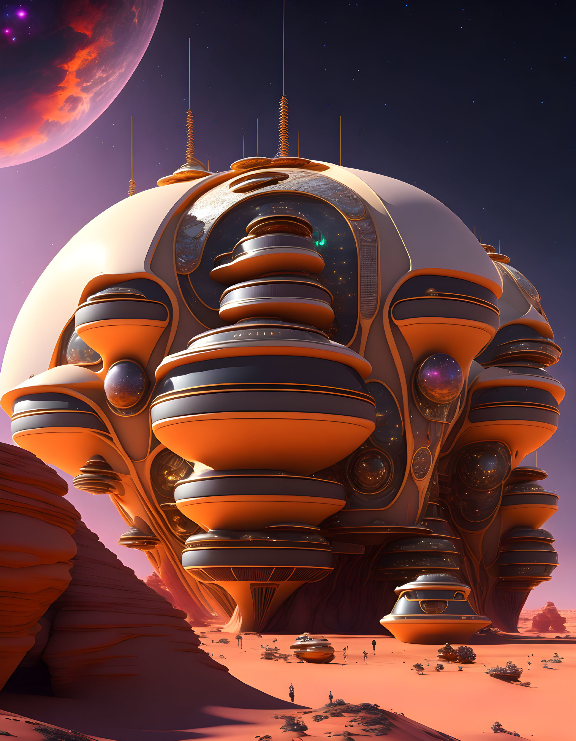 Futuristic spherical building with antennas under purple sky in desert landscape