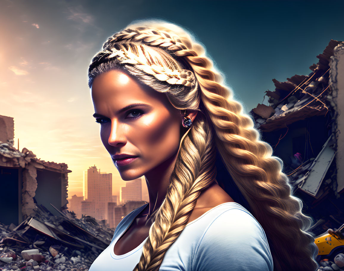 Braided Hair Woman Contemplating Urban Destruction at Sunset