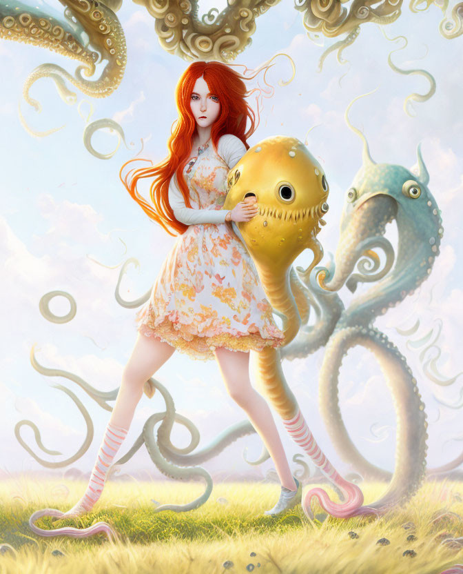 Red-haired girl in floral dress with whimsical yellow creature among tentacles