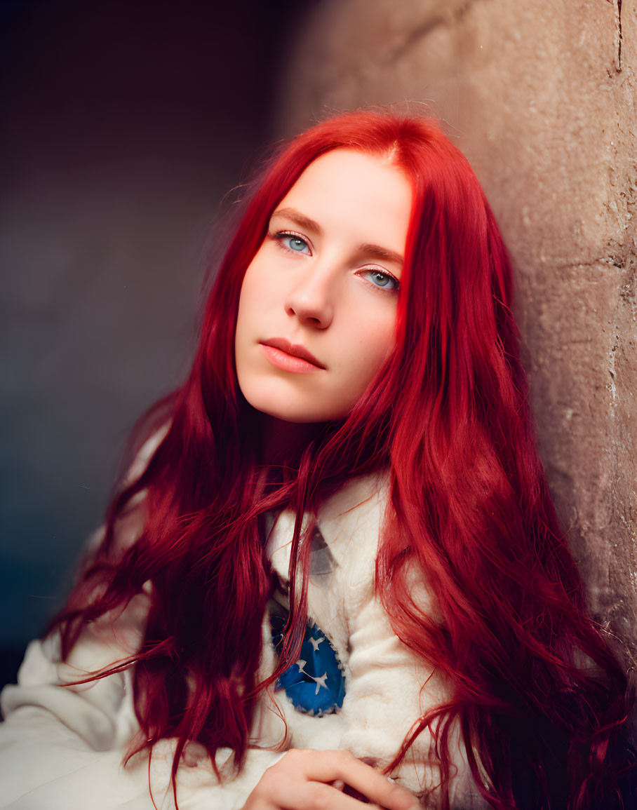 Striking red-haired woman in white outfit with blue pendant