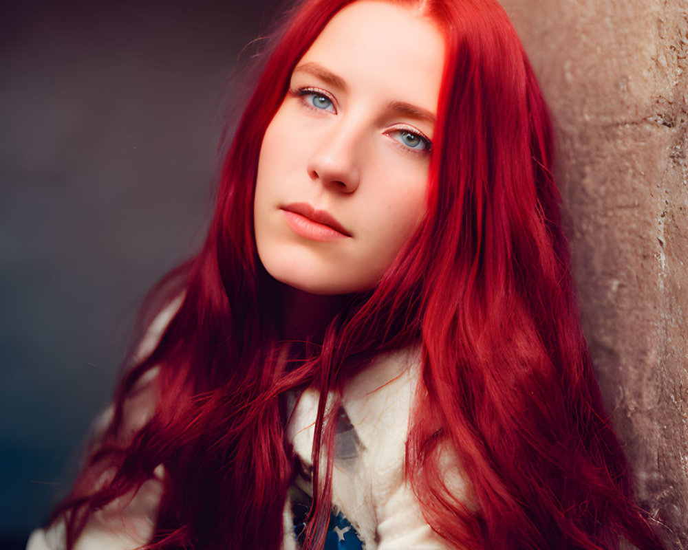 Striking red-haired woman in white outfit with blue pendant