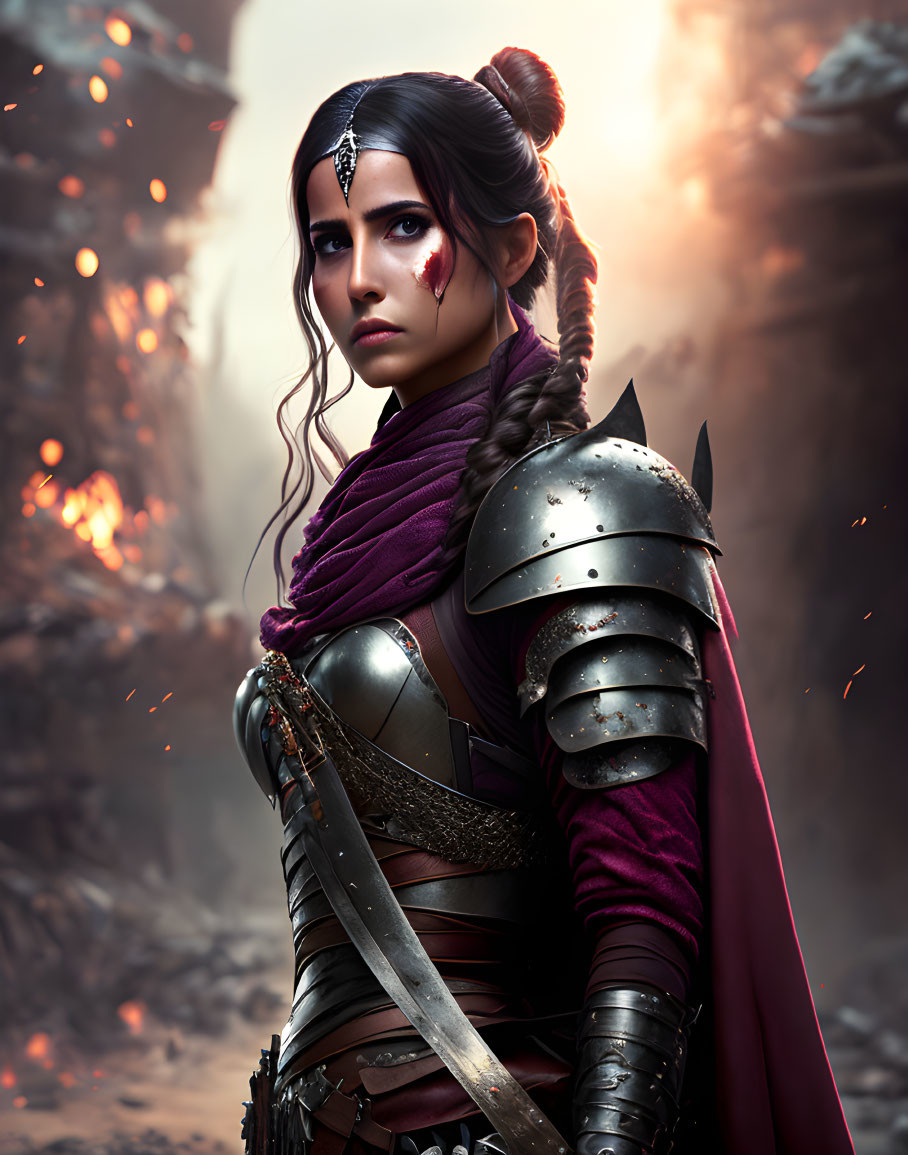 Female warrior in armor with braid and purple cloak on fiery battlefield