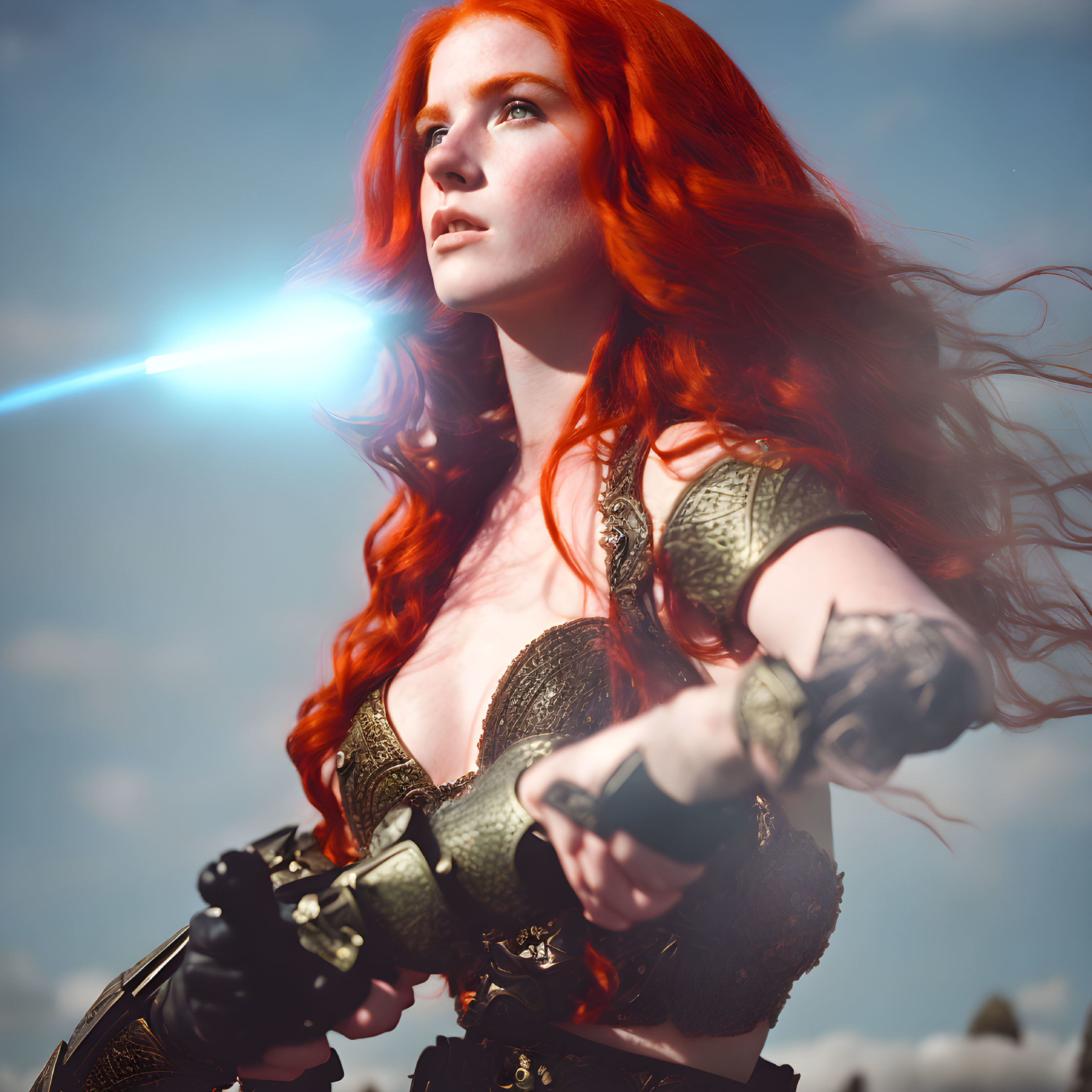 Fiery-Haired Warrior Woman in Intricate Armor Holding Sword