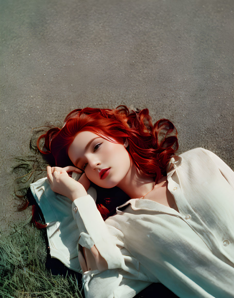 Vibrant red-haired woman in loose white shirt lying on ground, gazing upward against green background