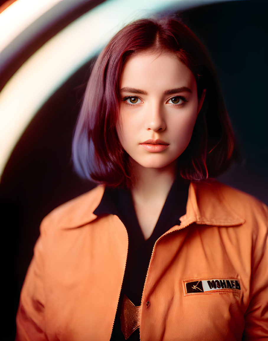 Purple-Haired Woman in Orange Jacket with Multicolored Light Arc