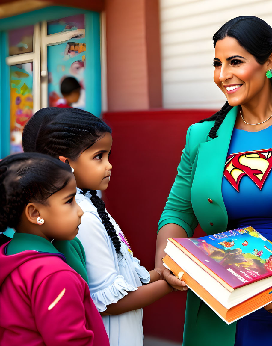 Smiling woman in superhero outfit gives books to young girls at colorful school