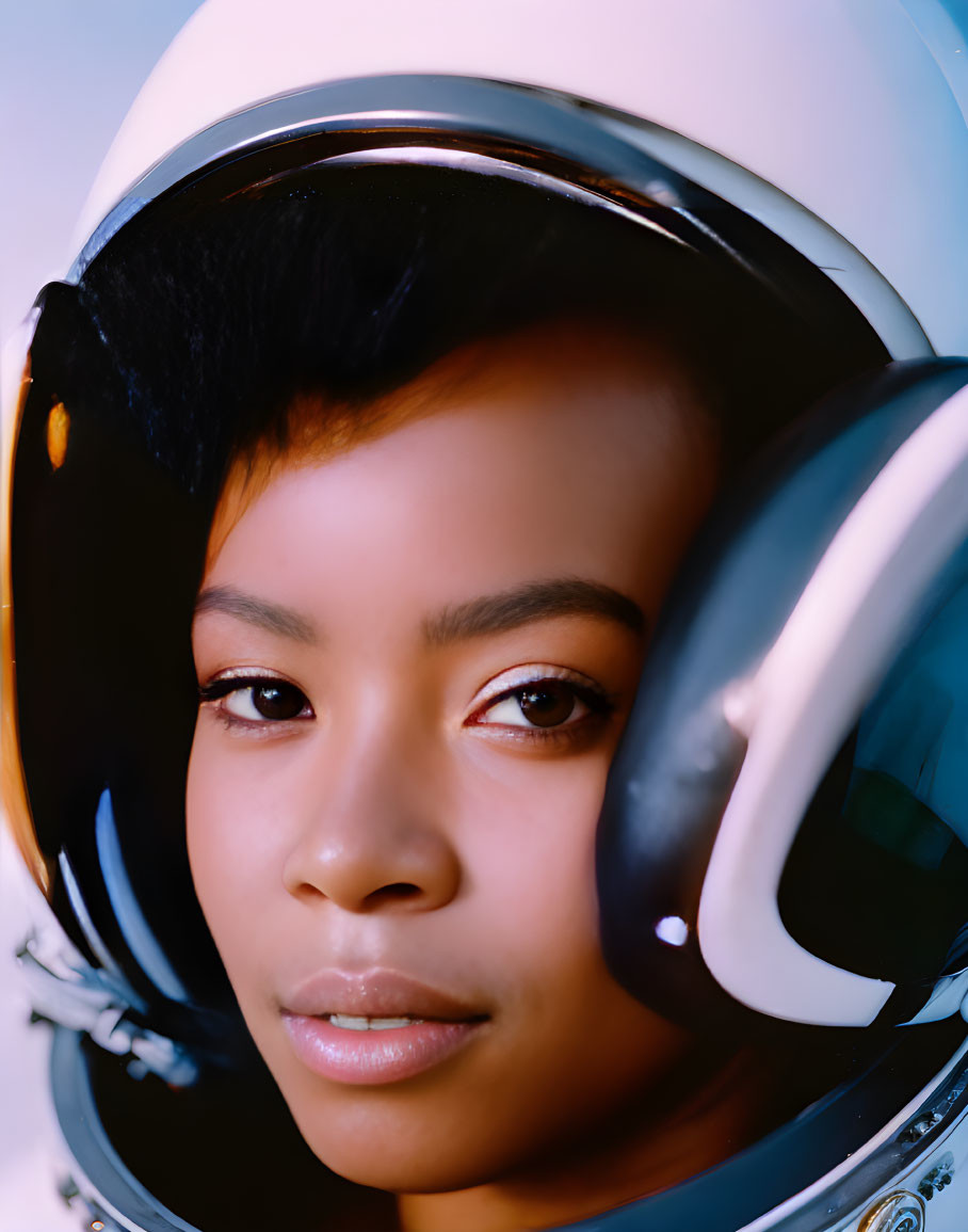 Short-Haired Person in Space Helmet with Reflective Visor on Blue Background