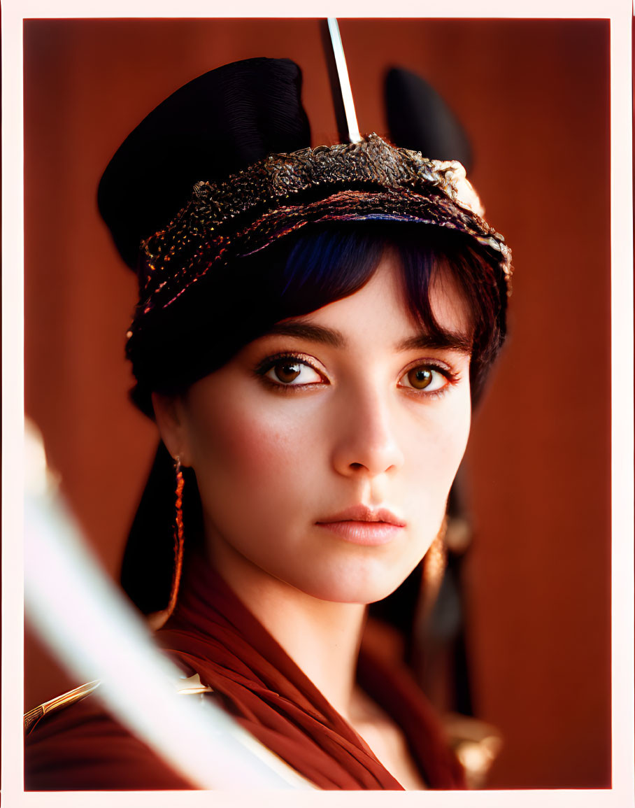 Portrait of a Woman with Striking Blue Eyes and Black Headpiece on Red Background