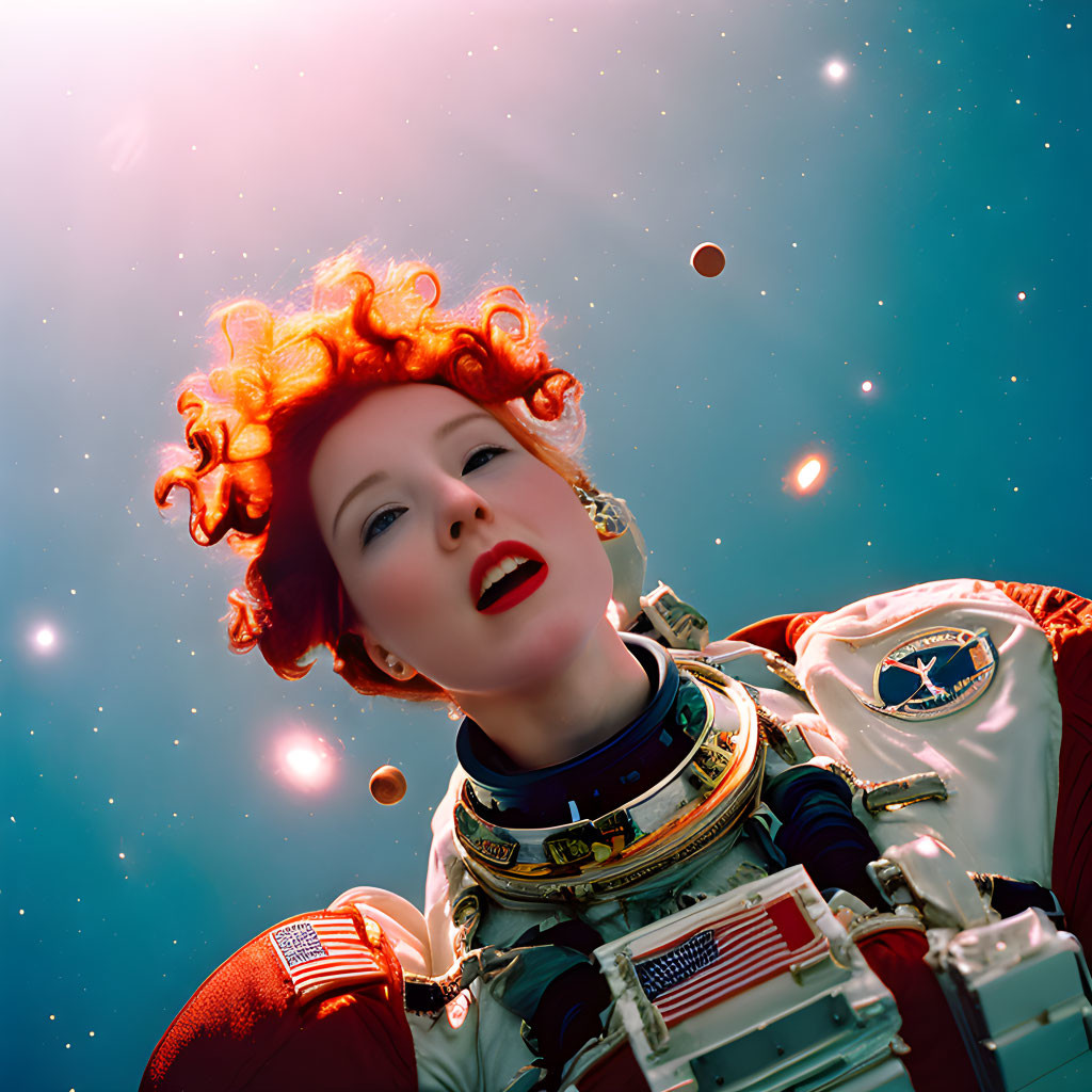 Red Curly-Haired Female Astronaut Floating in Space with Cosmic Background