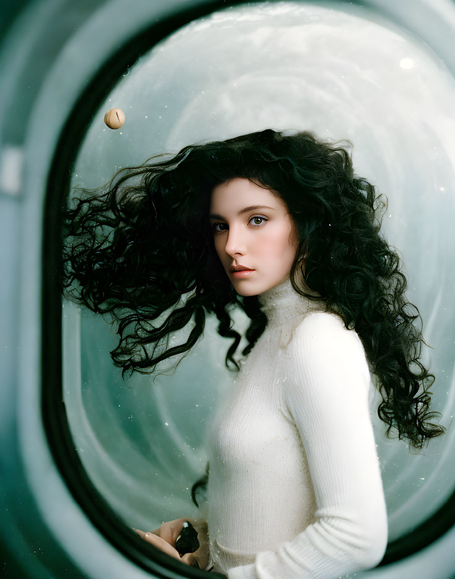 Curly-Haired Woman in White Sweater Framed by Circular Window with Droplet