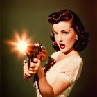 Vintage-dressed woman firing gun on gradient backdrop