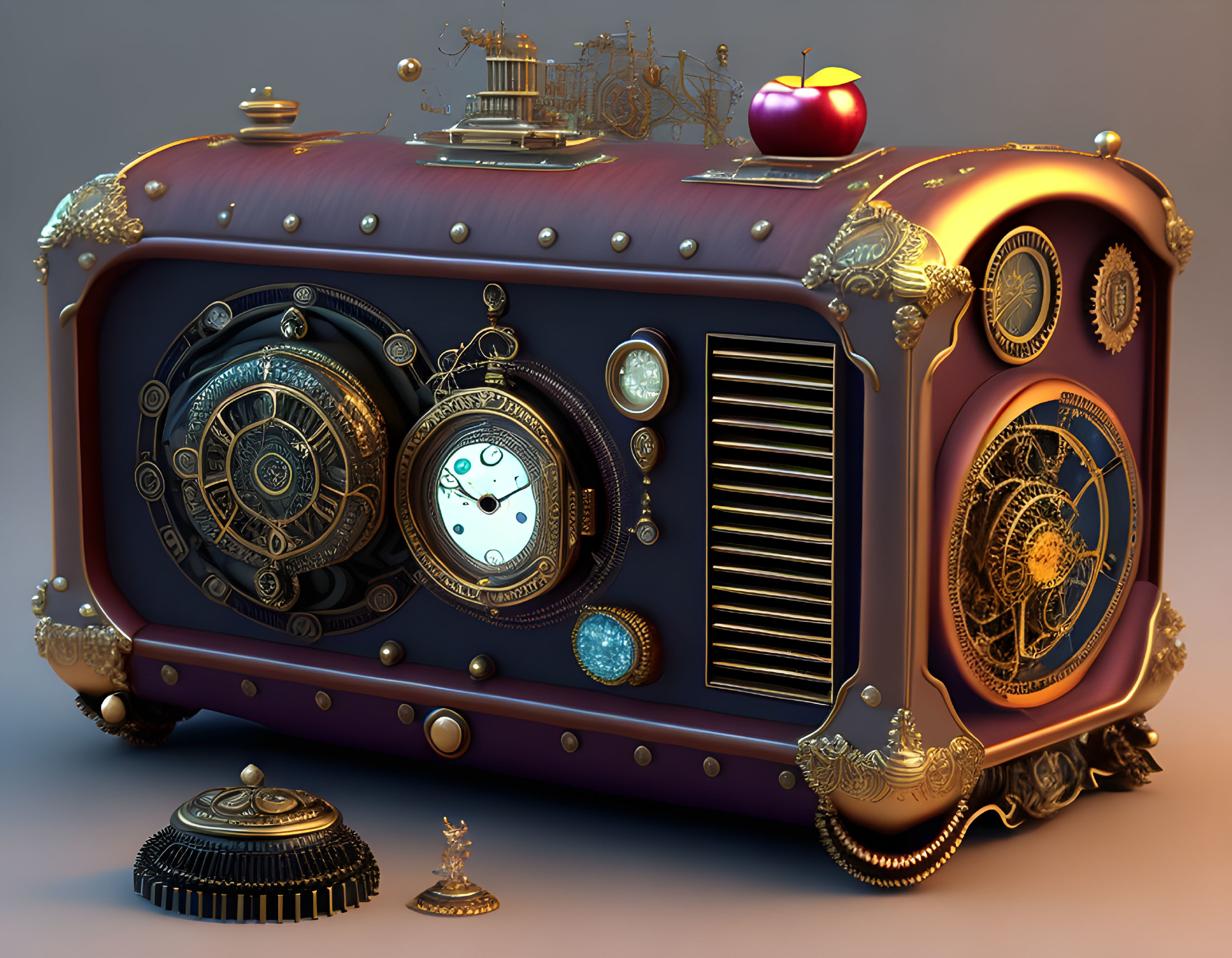 Steampunk-style radio with intricate gears and clocks.