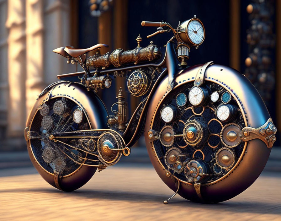 Steampunk-style Motorcycle with Vintage Elements and Ornate Details