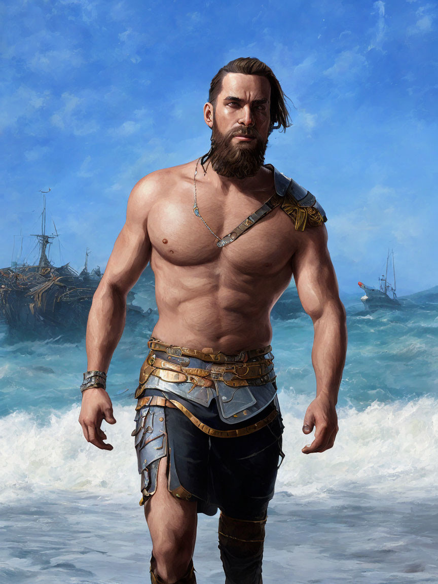 Muscular man in gladiator armor on shore with ships and sea in background