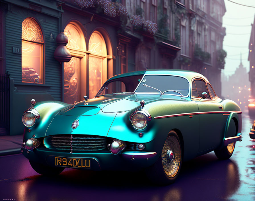 Vintage car parked on cobblestone street at dusk with glowing streetlights