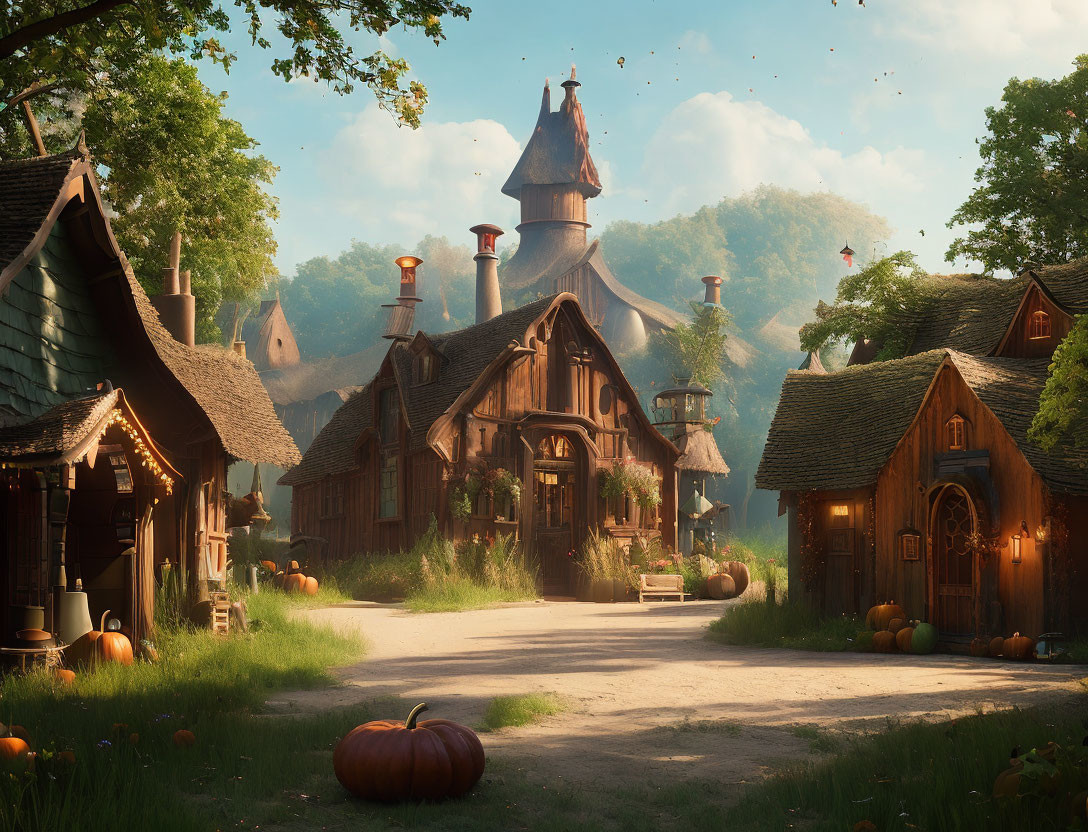 Tranquil village street with quaint houses, cobblestone path, pumpkins, and lush trees