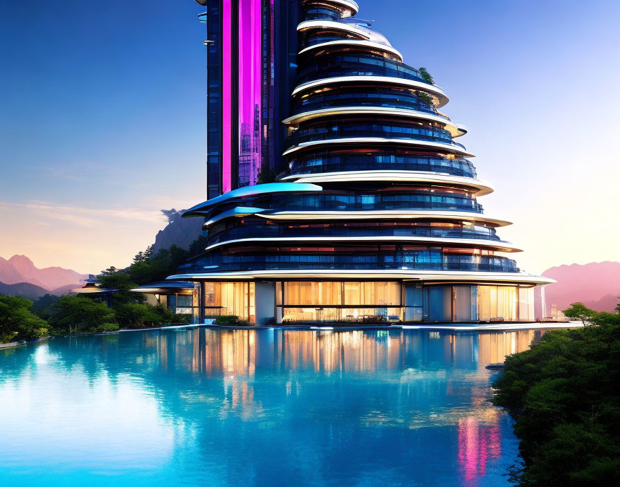 Futuristic hotel with layered terraces, blue pool, lush mountains, sunset sky