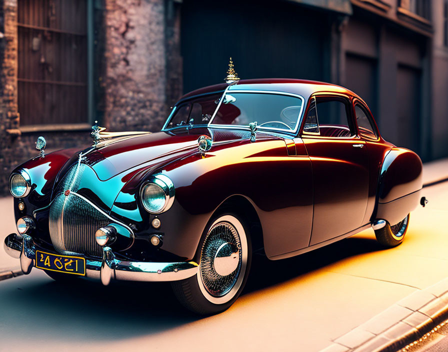 Classic Maroon Car with Chrome Details Parked on Cobblestone Street at Dusk