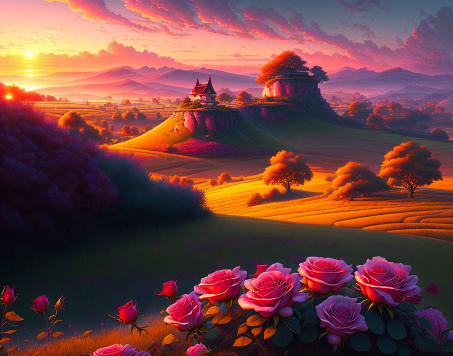 Vibrant pink and purple sunset over rolling hills and a quaint house with lush roses.