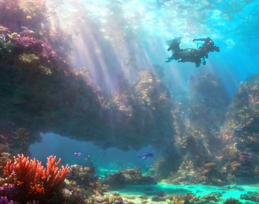 Underwater Diver Explores Vibrant Coral Reef