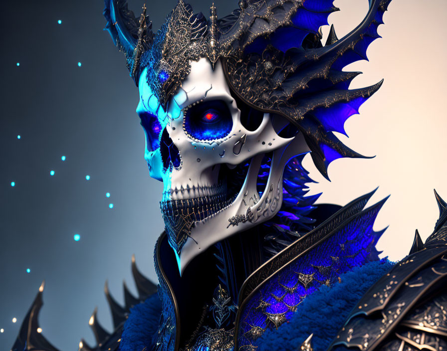 Fantasy figure with detailed skull face in dark metallic armor against blue backdrop