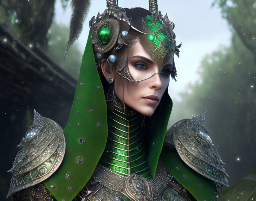 Fantasy digital artwork of a woman in green and silver armor