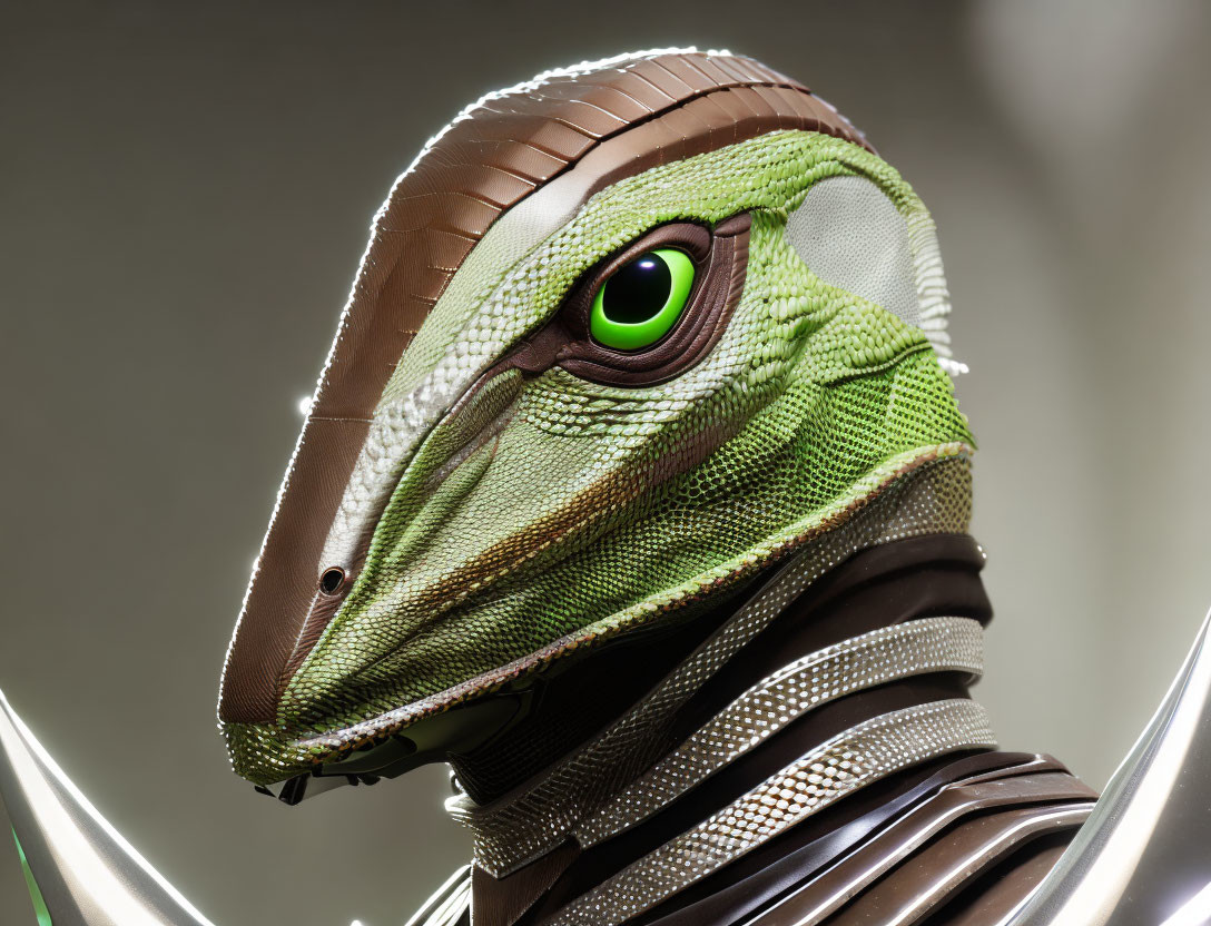 Realistic humanoid lizard creature with green skin and futuristic armor.