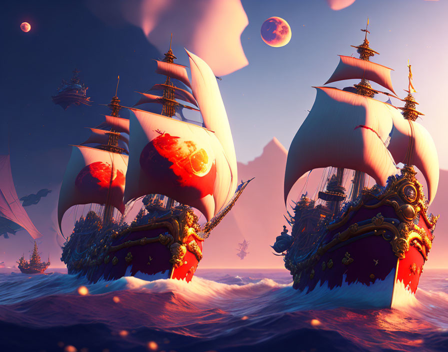 Ornate golden ships on twilight sea with multiple moons