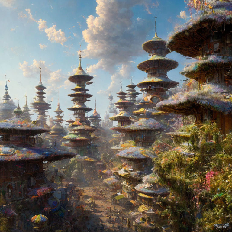 Colorful Pagoda-Style Structures in Fantasy Landscape